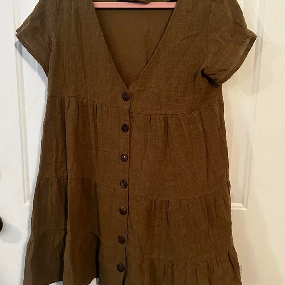 Oliveaceous Brown Cotton Tiered Button Front Mini Dress Size S